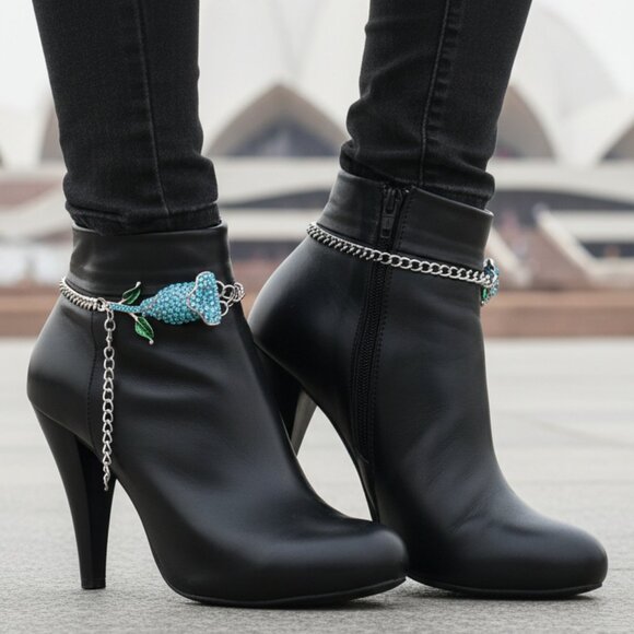 NEW Women Silver Metal Chain Boot Bracelet Shoe Anklet Sky Blue Flower Charm SET - Picture 17 of 17